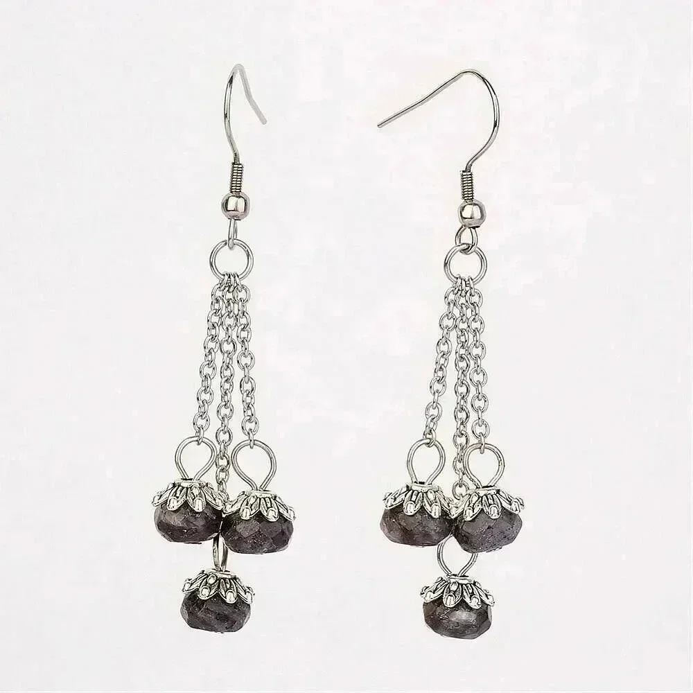 Handmade Edgy Surgical Steel Gemstone Earrings Triple Chain Natural Labrodorite